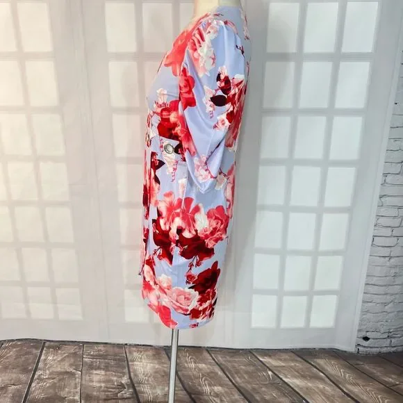 Venus light blue floral short puff sleeve grommet cutout waist summer party dres - Picture 8 of 13